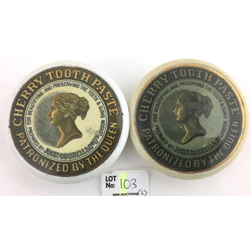 103 - JOHN GOSNELL POT LID DUO. 3ins diam, variations of green transfer, one with gold band, body discolou... 