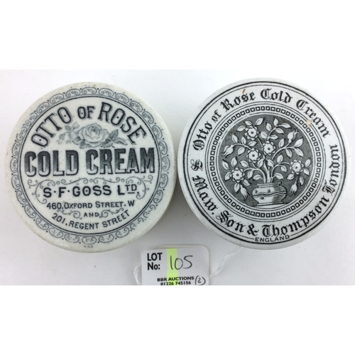 105 - OTTO OF ROSE COLD CREAM POT LID & BASE DUO. 2.75ins diam, black & white transfer, S. F. GOSS LTD plu... 