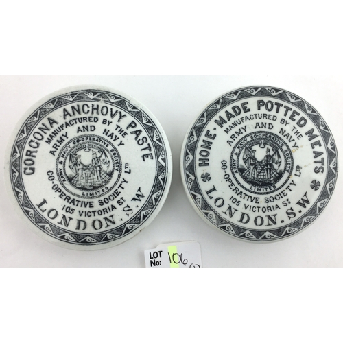 106 - ARMY & NAVY POT LID DUO. Largest 3.5ins, black & white transfer, GORGONA ANCHOVY PASTE/ LONDON plus ... 