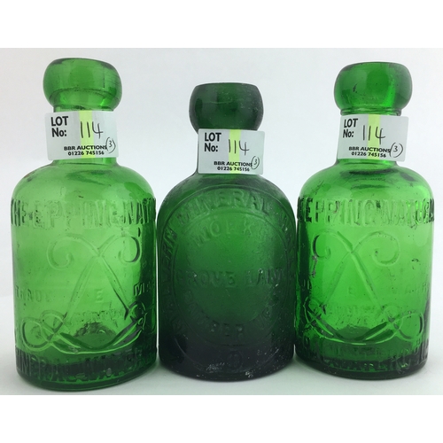 114 - SELTZERS  TRIO. 5ins, green glass, embossed, THE EPPING NATURAL/ MINERAL WATER CO LTD plus MALVERN M... 