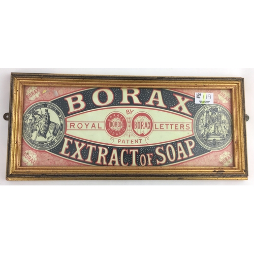 119 - BORAX FRAMED ADVERT. 15.5 x 7ins, red, black & white, BORAX/ EXTRACT OF SOAP.