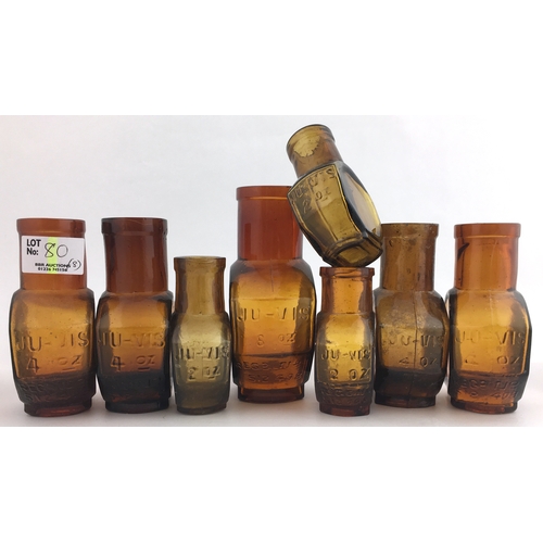 80 - BOVRIL JARS GROUP. Tallest 5ins, amber glass, 2oz upto 8oz, embossed JU-VIS. (8)