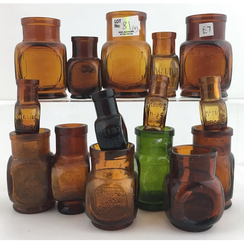 81 - VIGORAL JARS GROUP. Tallest 3.5ins, amber glass plus one mid green, embossed ARMOURS/ VIGORAL/ CHICA... 