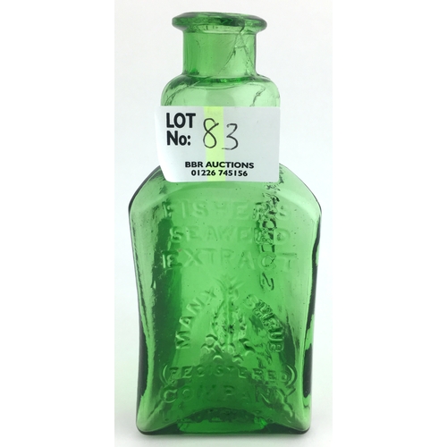 83 - FISHERS SEAWEED EXTRACT. 5ins, bright green glass, triangular shape, embossing to front, lip damage ... 