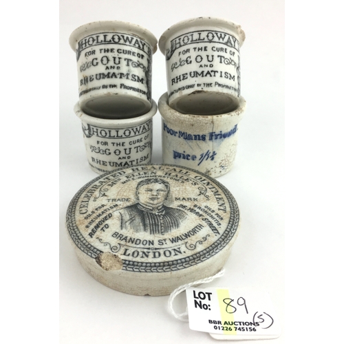 89 - OINTMENT POT GROUP. Tallest 1.5ins, Holloways, Poor mans friend plus Mrs Ellen Hales ointment pot li... 