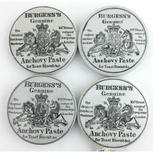 90 - BURGESS’S POT LID GROUP. 3.5ins, black & white, Anchovy Paste for Toast Biscuit. Slight damage/ impe... 