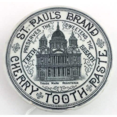 93 - ST PAULS BRAND POT LID. 3ins, black & white, ST. PAULS BRAND/ CHERRY TOOTH PASTE, impressive buildin... 