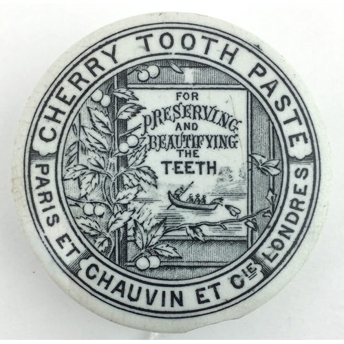 94 - CHERRY TOOTH PASTE POT LID. 2.5ins, black & white, PARIS ET/ CHAUVIN ET C/ LONDRES, men in boat pict... 