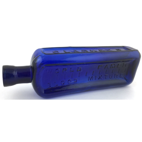 205 - LINCOLN BLOOD MIXTURE BOTTLE. 7.5ins tall, cobalt blue, rectangular CLARKE’S/ WORLD FAMED/ BLOOD MIX... 