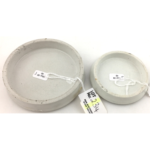 234 - BOOTS POT LID DUO. Largest 3.5ins, black transfer, CREME D’ AMANDE/ FOR SHAVING/ BOOTS/ CASH CHEMIST... 