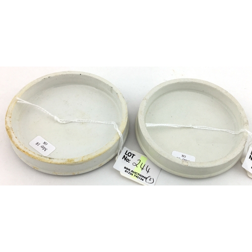 244 - BLACK & WHITE POT LID DUO. Largest 3.5ins diam, S. MAW SON & THOMPSON LONDON/ AMBROSIAL/ SHAVING CRE... 