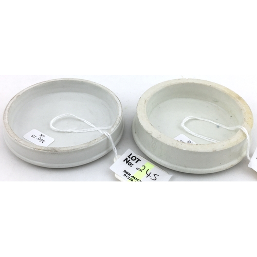 245 - COLD CREAM POT LID DUO. Largest 3ins diam, black & white, COLD/  CREAM, both with patterned borders.... 