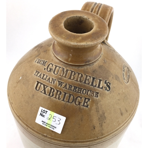 253 - UXBRIDGE FLAGON. 12ins tall, t.t, handled, impressed, FROM. GUMBRELL’S/ ITALIAN WAREHOUSE/ UXBRIDGE,... 