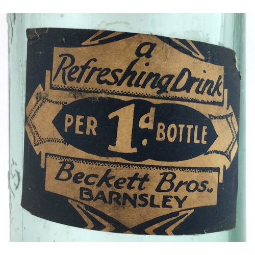 330 - BARNSLEY CODD. 9ins tall, aqua glass, embossed BECKETT BROs/ SHAW LANE/ MINERAL WATER WORKS/ BARNSLE... 