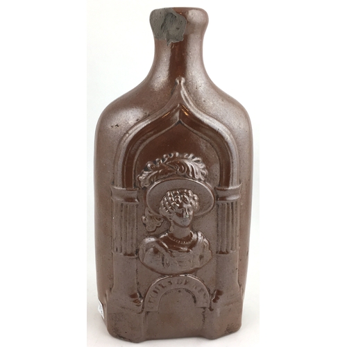 339 - SALT GLAZE FLASK. 10ins tall, shiny brown glaze flask with QUEEN VICTORIA one side & DUCHESS OF KENT... 