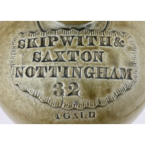 378 - NOTTINGHAM FLAGON. 12ins tall, green/ grey glaze, handled, imp’d SKIPWITH &/ SAXTON/ NOTTINGHAM/ 32/... 