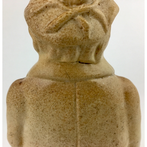 388 - PUB NAMED MAN ON BARREL REFORM FLASK. 8.5ins tall, tan salt glaze. Man shaped flask shaped sat on to... 