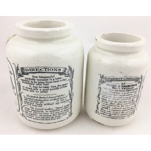 408 - BYNOL JARS DUO. Tallest 5.5ins, white glaze, black transfer BYNOL/.../ ALLEN & HANBURYS LTD, side di... 