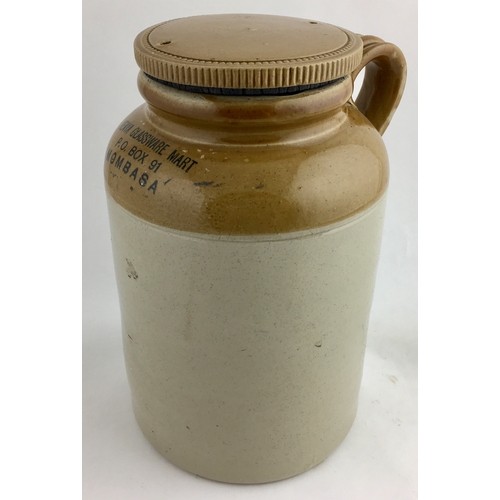 493 - MOMBASA HOUSEHOLD JAR. 9.7ins tall, t.t. Very unusual straight sided bulk storage jar with screw lid... 