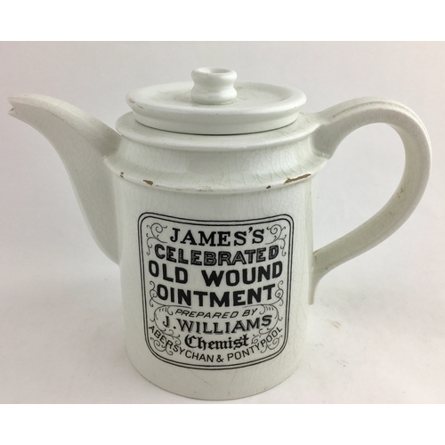 493A - WALES (& LANCASHIRE) PORTMERION STYLE TEAPOT. 6.6ins tall.  Oner side for JAMES’S/ OLD WOUND/ OINTME... 