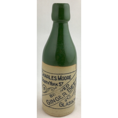 495 - GLASGOW COLOURED TOP GINGER BEER. 8.1ins tall, ch., green top section, ‘CHARLES MORE/.... GLASGOW’. ... 