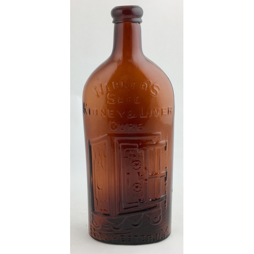 496 - WARNER’s CURE BOTTLE. 9.7ins tall, double c ollar lip, red amber glass, round shouldered medicine sh... 