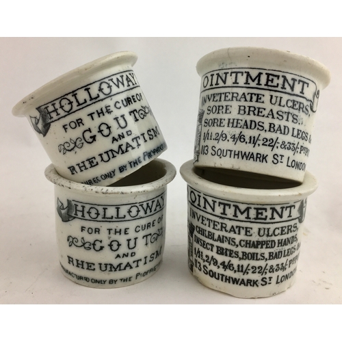 498 - HOLLOWAYS OINTMENT GROUP. 1.6ins tall  whit pottery, flared lip, encircled with lettering/ claims/ a... 