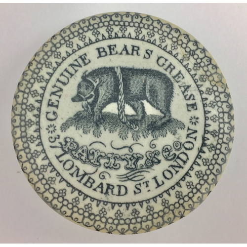 501 - LONDON GENUINE BEARS GREASE POT LID. (APL pg 363) 2.75ins diam. Busy black transfer for GENUINE BEAR... 