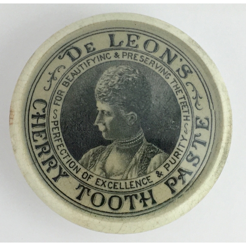 503 - DE LEON’S CHERRY TOOTH PASTE POT LID. (APL pg 517, 82) 3.25ins diam. Pale greeny grey transfer DE LE... 