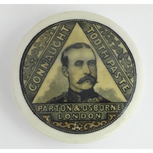 504 - LONDON CONNAUGHT TOOTH PASTE POT LID. (APL pg 362, 13) 3.25ins diam. Pale yellow & black transfer CO... 