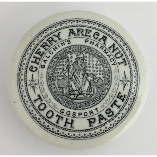 505 - GOSPORT CHERRY ARECA NUT TOOTH PASTE POT LID. (APL pg 171, 4) 3ins diam. Black transfer CHERRY ARECA... 