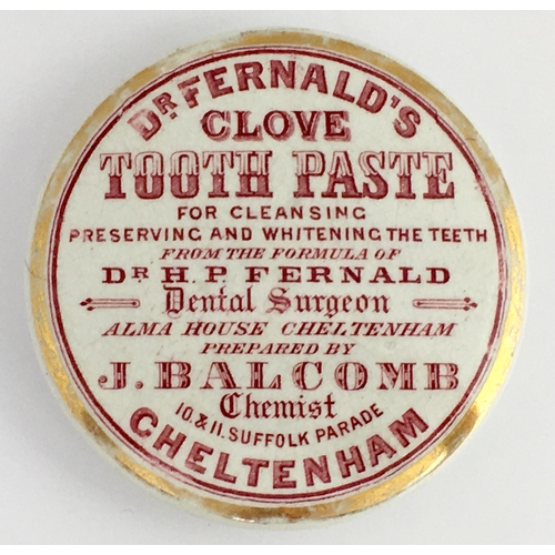 508 - CHELTENHAM CLOVE TOOTH PASTE POT LID. (APL pg 157, 7) 3.5ins diam. Red transfer DR FERNALD’S/ CLOVE/... 