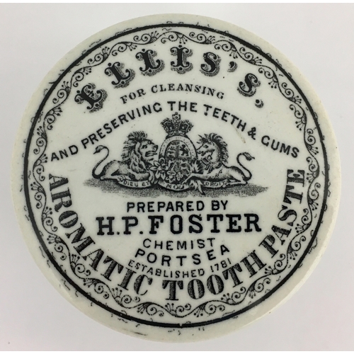 509 - PORTSEA AROMATIC TOOTH PASTE POT LID & BASE. (APL pg 175, 43) 3ins diam. Busy black transfer ELLIS’S... 