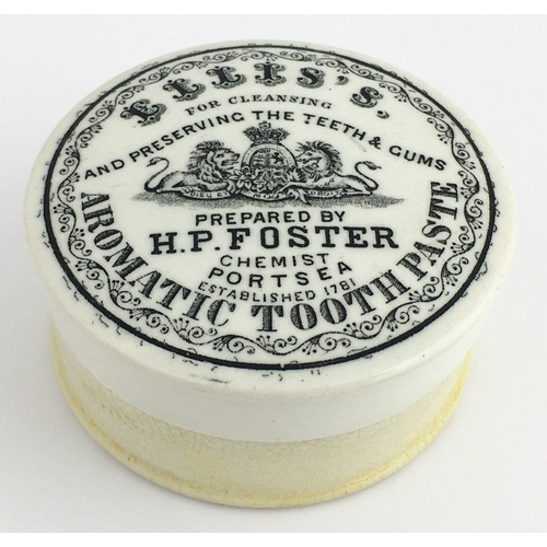 509 - PORTSEA AROMATIC TOOTH PASTE POT LID & BASE. (APL pg 175, 43) 3ins diam. Busy black transfer ELLIS’S... 