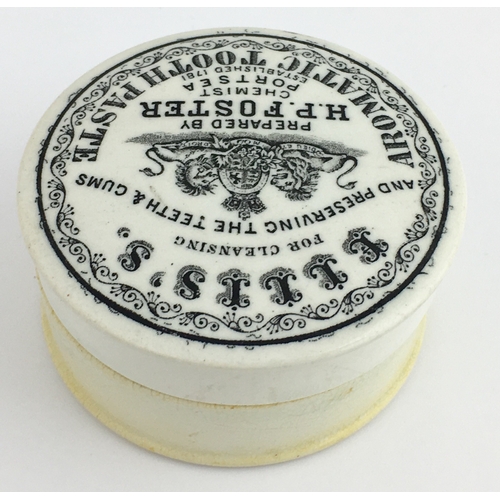 509 - PORTSEA AROMATIC TOOTH PASTE POT LID & BASE. (APL pg 175, 43) 3ins diam. Busy black transfer ELLIS’S... 