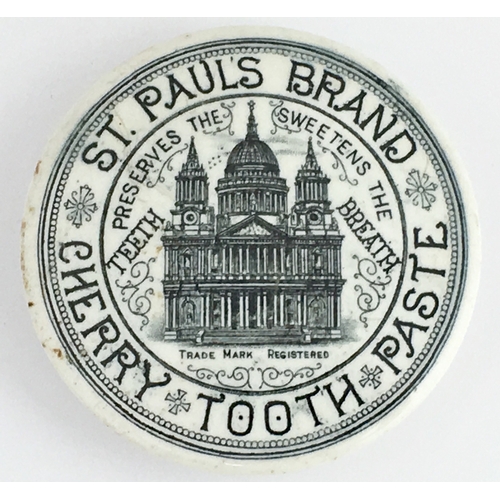 510 - LONDON CHERRY TOOTH PASTE POT LID. (APL pg 358, 9) 3ins diam. Black transfer ST. PAULS BRAND/ CHERRY... 