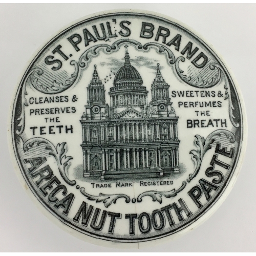 511 - LONDON ARECA NUT TOOTH PASTE POT LID. (APL pg 358, 8) 3ins diam. Black transfer ST. PAUL’S BRAND/ AR... 