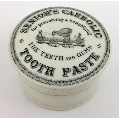 512 - SENIORS CARBOLIC TOOTH PASTE POT LID & BASE. (APL pg 531, 56) 2.25ins diam. Black transfer SENIOR’S ... 