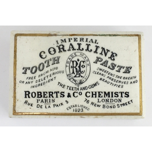 516 - LONDON & PARIS CORALLINE TOOTH PASTE POT LID & BASE. (APL pg 381, 31a) 3.75 x 2.5ins. Black transfer... 