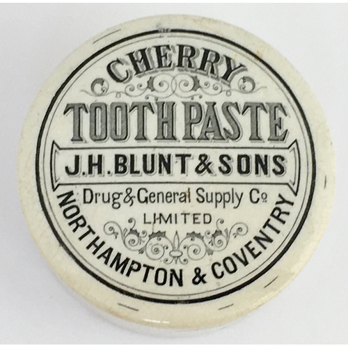 518 - NORTHAMPTON & COVENTRY CHERRY TOOTH PASTE POT LID & BASE. (APL pg 465, 3) 3ins diam. Black transfer ... 