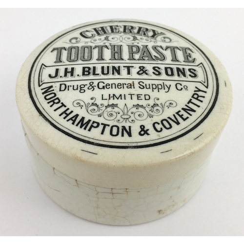 518 - NORTHAMPTON & COVENTRY CHERRY TOOTH PASTE POT LID & BASE. (APL pg 465, 3) 3ins diam. Black transfer ... 