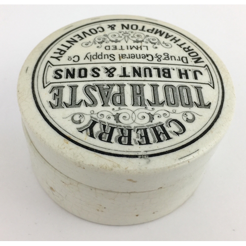 518 - NORTHAMPTON & COVENTRY CHERRY TOOTH PASTE POT LID & BASE. (APL pg 465, 3) 3ins diam. Black transfer ... 