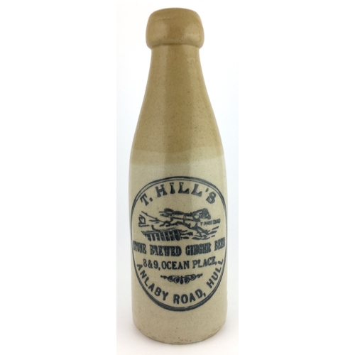 523 - HULL GINGER BEER BOTTLE. 8.1ins tall. T.t., ch, int. screw. Black transfer, set in double line oval ... 