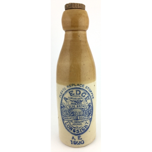 524 - LONGSIGHT GINGER BEER BOTTLE. 8ins tall to top of screw stopper. T.t, ch, blue transfer A EDGE/ GING... 