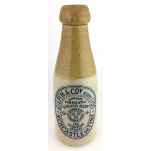 527 - NEWCASTLE GINGER BEER BOTTLE. 8ins tall. T.t, ch, blob top, blue transfer GILPIN & COY/... 137/ PILG... 