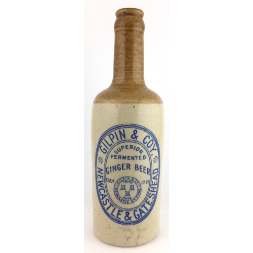 530 - NEWCASTLE & GATESHEAD GINGER BEER BOTTLE. 8.25ins tall. Shouldered c.c., t.t, blue transfer GILPIN &... 