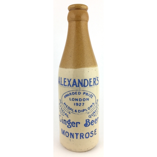 533 - MONTROSE GINGER BEER BOTTLE. 7.5ins tall. T.t, ch, c.c,  bright blue transfer ALEXANDER’S/ AWARDED P... 