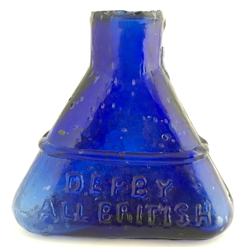 542 - DERBY ALL BRITISH INK. 2.25ins tall. Cobalt blue glass, triangular shape inkwell, sheared lip, embos... 