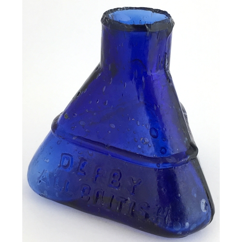 542 - DERBY ALL BRITISH INK. 2.25ins tall. Cobalt blue glass, triangular shape inkwell, sheared lip, embos... 