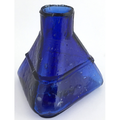 542 - DERBY ALL BRITISH INK. 2.25ins tall. Cobalt blue glass, triangular shape inkwell, sheared lip, embos... 